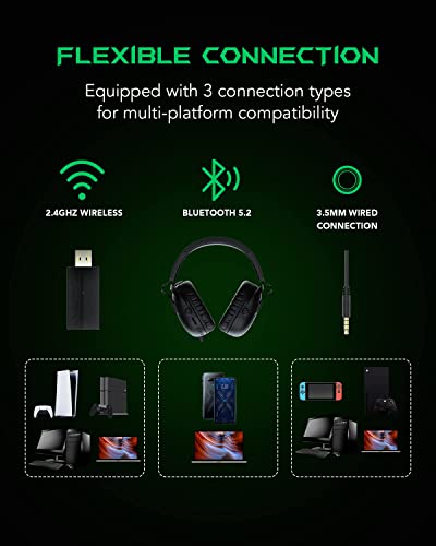 Black Shark Wireless Gaming Headset with Detachable Ultra Clear Microphone - Bluetooth 5.2 - Wired 3.5MM - 2.4 Ghz Wireless 3 Modes, Hi-Fi 7.1 Sound Over Ear for PC, PS5, PS4, Xbox One, Switch Gamer