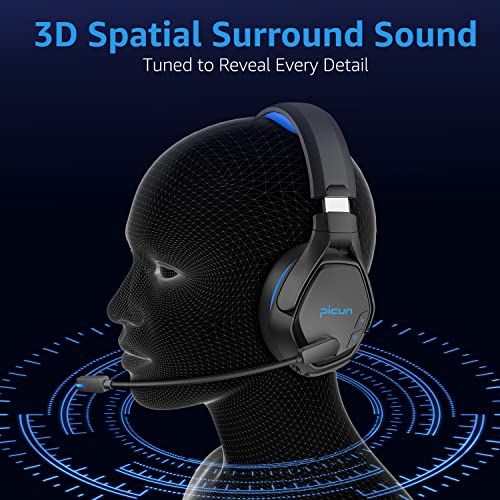 Picun PG-01 Wireless Gaming Headset for PC, PS5, PS4, MacBook, 2.4Ghz Bluetooth Gaming Headphones with Microphone for Laptop, Computer, 3D Surround Sound - Dynamic EQ Driver - Soft Memory Earmuffs