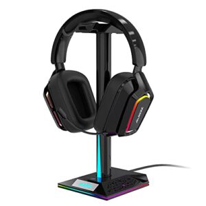 nacodex black wired gaming headset and rgb gaming headphone stand with 3.5mm aux & 2 usb port, touch control 10 lighting mode headset holder