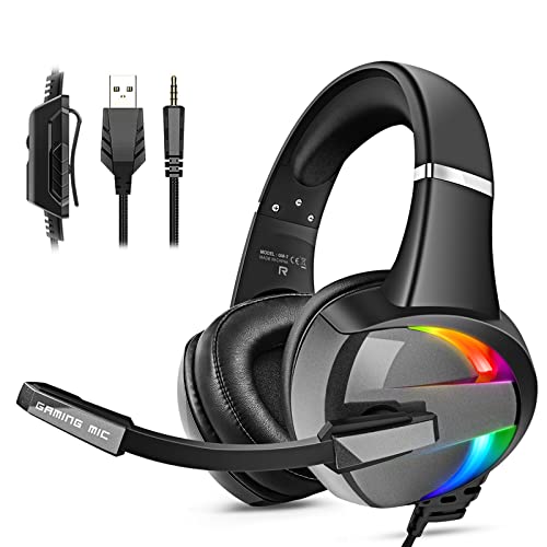 Gaming Headset for PS4, PS5, PC, Xbox One, PS4 Headset with Noise Cancelling Mic, Premium Stereo, Lightweight Comfortable Earmuffs, RGB Light