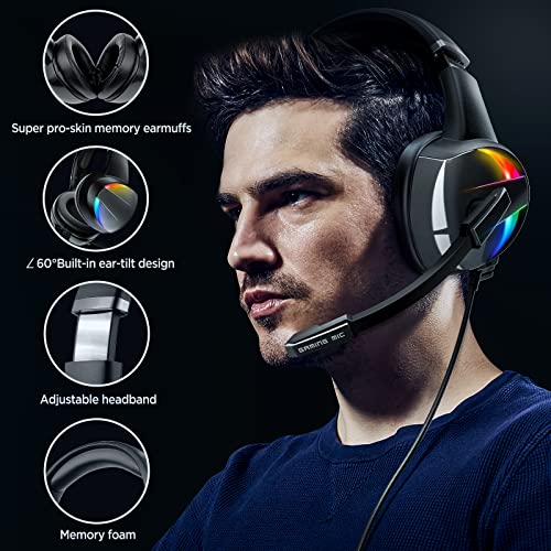 Gaming Headset for PS4, PS5, PC, Xbox One, PS4 Headset with Noise Cancelling Mic, Premium Stereo, Lightweight Comfortable Earmuffs, RGB Light