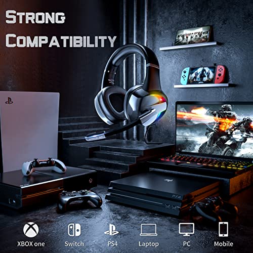 Gaming Headset for PS4, PS5, PC, Xbox One, PS4 Headset with Noise Cancelling Mic, Premium Stereo, Lightweight Comfortable Earmuffs, RGB Light