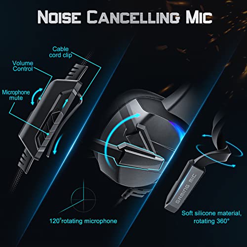 Gaming Headset for PS4, PS5, PC, Xbox One, PS4 Headset with Noise Cancelling Mic, Premium Stereo, Lightweight Comfortable Earmuffs, RGB Light