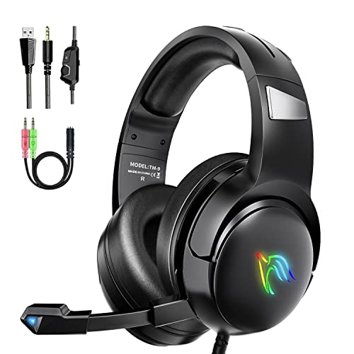 YINSAN Gaming Headset for PS4 PS5 Xbox Series X|S Xbox One PC Gaming Headphones for Nintendo Switch with Stereo Surround Sound RGB Light Over Ear Wired Gamer Headset with Flip-to-Mute Microphone