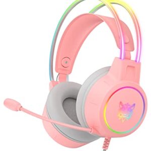 SIMGAL Gaming Headset with Mic, 3.5mm Lightweight Headphones with RGB Aluminum Frame, Surround Sound, Compatible with PS4 PS5 Xbox One(Adapter Not Included) PC Mobile Phone (Pink Without Antler)