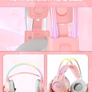 SIMGAL Gaming Headset with Mic, 3.5mm Lightweight Headphones with RGB Aluminum Frame, Surround Sound, Compatible with PS4 PS5 Xbox One(Adapter Not Included) PC Mobile Phone (Pink Without Antler)