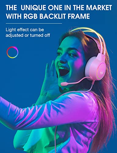 SIMGAL Gaming Headset with Mic, 3.5mm Lightweight Headphones with RGB Aluminum Frame, Surround Sound, Compatible with PS4 PS5 Xbox One(Adapter Not Included) PC Mobile Phone (Pink Without Antler)