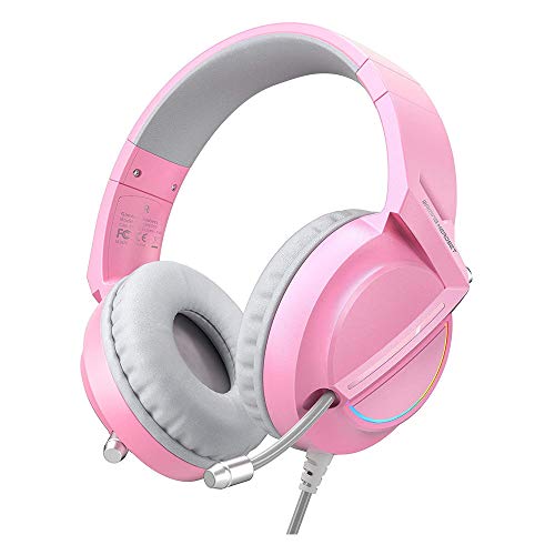 Pink game headset CM6000, suitable for PC, PS4, PS5, Xbox One, Nintendo Switch, PS4 headset with crystal noise reduction microphone and LED light, 7.1 stereo surround sound game headset