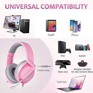 Pink game headset CM6000, suitable for PC, PS4, PS5, Xbox One, Nintendo Switch, PS4 headset with crystal noise reduction microphone and LED light, 7.1 stereo surround sound game headset