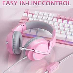 Pink game headset CM6000, suitable for PC, PS4, PS5, Xbox One, Nintendo Switch, PS4 headset with crystal noise reduction microphone and LED light, 7.1 stereo surround sound game headset