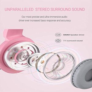 Pink game headset CM6000, suitable for PC, PS4, PS5, Xbox One, Nintendo Switch, PS4 headset with crystal noise reduction microphone and LED light, 7.1 stereo surround sound game headset