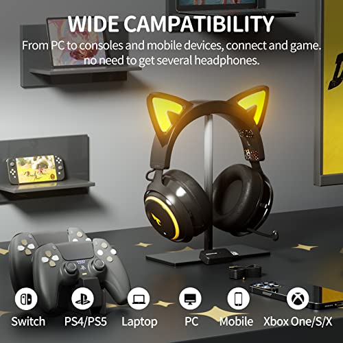 SOMIC GS510 Cat Ear Headset Wireless Gaming Headphones for PS5/ PS4/ PC, Cute Headset 2.4G with Retractable Mic, 7.1 Stereo Sound, 8Hrs Playtime, RGB Lighting (Xbox Only Work in Wired Mode)