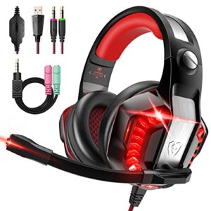 foyose gaming headset for ps4 ps5 xbox one pc, ps4 headset with noise cancelling mic, soft memory earmuffs for mac laptop (black red), (yz-us-gm2r)