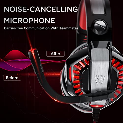 Foyose Gaming Headset for PS4 PS5 Xbox one PC, PS4 Headset with Noise Cancelling Mic, Soft Memory Earmuffs for Mac Laptop (Black RED), (YZ-US-GM2R)