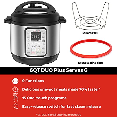 Instant Pot Duo Plus 9-in-1 Electric Pressure Cooker, Slow Cooker, Rice Cooker, Steamer, Sauté, Yogurt Maker, Warmer & Sterilizer, Includes Free App with over 1900 Recipes, Stainless Steel, 6 Quart