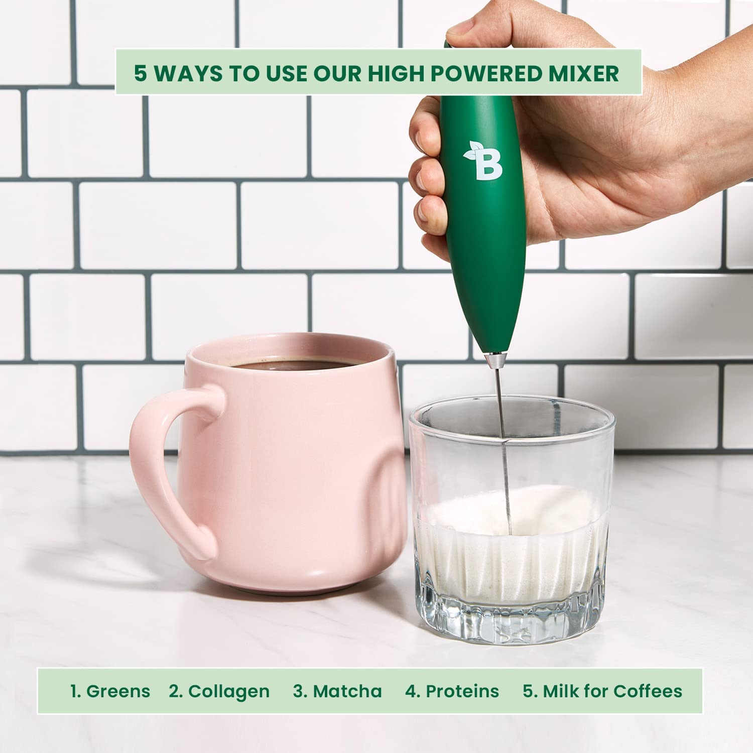 Bloom Nutrition Milk Frother High Powered Hand Mixer, Stainless Steel Electric Matcha Whisk, Handheld Mixer for Coffee, Greens, Protein & More, Battery Operated, Easy to Clean & Includes Whisk Stand