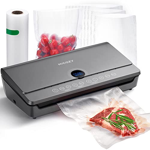 HiCOZY Vacuum Sealer Machine, Food Vacuum Sealer with Built-in Cutter and Bag Storage, Air Sealer Machine for Sous Vide and Food Storage with 10 BPA Free Vacuum Sealer Bag, 1 Roller Bag, Space Gray