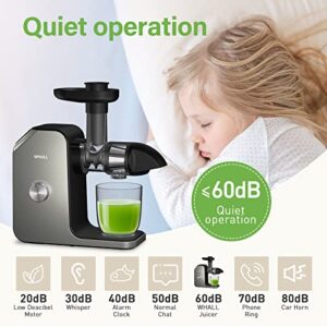 WHALL Slow Juicer, Masticating Juicer, Celery Juicer Machines, Cold Press Juicer Machines Vegetable and Fruit, Juicers with Quiet Motor & Reverse Function, Easy to Clean with Brush,Grey