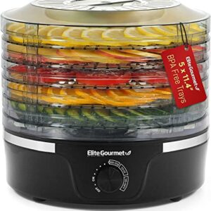 Elite Gourmet EFD319 Food Dehydrator, 5 BPA-Free 11.4" Trays Adjustable Temperature Controls, Jerky, Herbs, Fruit, Veggies, Dried Snacks, Black