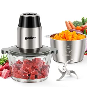 ganiza food processors, electric food chopper with meat grinder & vegetable chopper - 2 bowls (8 cup+8 cup) with powerful 450w copper motor - includes 2 sets of bi-level blades for baby food/meat/nuts