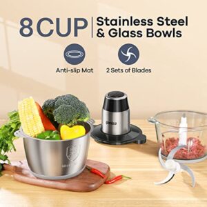 GANIZA Food Processors, Electric Food Chopper with Meat Grinder & Vegetable Chopper - 2 Bowls (8 Cup+8 Cup) with Powerful 450W Copper Motor - Includes 2 Sets of Bi-Level Blades for Baby Food/Meat/Nuts