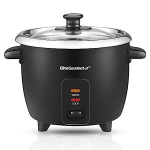 elite gourmet erc006ss 6-cup electric rice cooker with 304 surgical grade stainless steel inner pot, makes soups, stews, porridges, grains and cereals, 6 cup (3 cups uncooked), black
