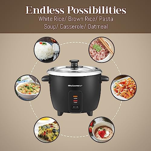 Elite Gourmet ERC006SS 6-Cup Electric Rice Cooker with 304 Surgical Grade Stainless Steel Inner Pot, Makes Soups, Stews, Porridges, Grains and Cereals, 6 cup (3 cups uncooked), Black