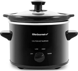 elite gourmet mst239x electric round slow cooker, adjustable temp, entrees, sauces, stews & dips, dishwasher safe glass lid & crock, 2 quart, black