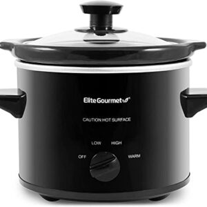 Elite Gourmet MST239X Electric Round Slow Cooker, Adjustable Temp, Entrees, Sauces, Stews & Dips, Dishwasher Safe Glass Lid & Crock, 2 Quart, Black