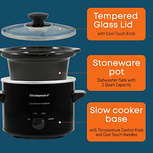 Elite Gourmet MST239X Electric Round Slow Cooker, Adjustable Temp, Entrees, Sauces, Stews & Dips, Dishwasher Safe Glass Lid & Crock, 2 Quart, Black