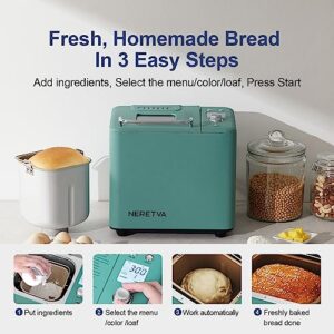 Neretva Bread Maker Machine , 20-in-1 2LB Automatic Breadmaker with Gluten Free Pizza Sourdough Setting, Digital, Programmable, 1 Hour Keep Warm, 2 Loaf Sizes, 3 Crust Colors - Receipe Booked Included (Green)