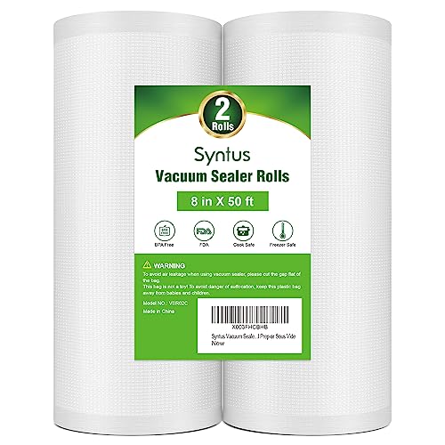 Syntus Vacuum Sealer Bags for Food, 2 Rolls 8" x 50' Commercial Grade Bag Rolls, Food Vac Bags for Storage, Meal Prep or Sous Vide