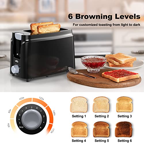 Willz 2-Slice Toaster, Extra Wide Slot with 6 Browning Levels, Small Toaster for Bread, Removable Crumb Tray, Auto Shut-off & Easy Clean, Black