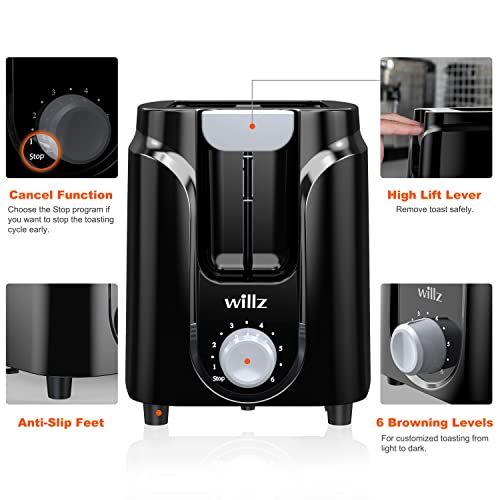 Willz 2-Slice Toaster, Extra Wide Slot with 6 Browning Levels, Small Toaster for Bread, Removable Crumb Tray, Auto Shut-off & Easy Clean, Black