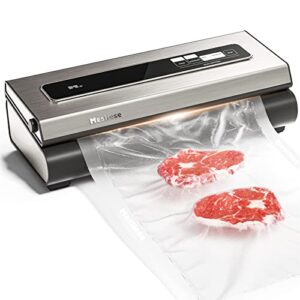 mesliese vacuum sealer machine powerful 90kpa precision 6-in-1 compact vacuum food preservation system built-in cutter, include 2 bag rolls & 5 pre-cut bags, widened 12mm sealing strip, dry&moist modes smart suction, etl listed (silver)