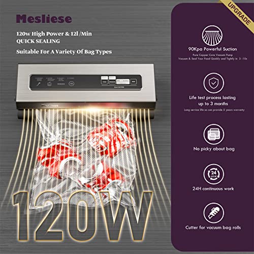 Mesliese Vacuum Sealer Machine Powerful 90Kpa Precision 6-in-1 Compact Vacuum Food Preservation System Built-in Cutter, Include 2 Bag Rolls & 5 Pre-cut Bags, Widened 12mm Sealing Strip, Dry&Moist Modes Smart Suction, ETL Listed (Silver)