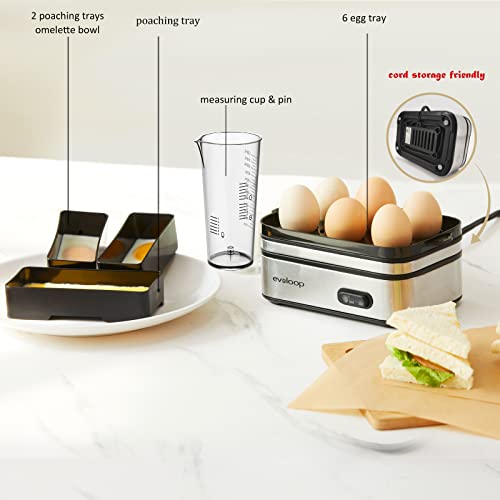 Evoloop Rapid Egg Cooker Electric 6 Eggs Capacity, Soft, Medium, Hard Boiled, Poacher, Omelet Maker Egg Poacher With Auto Shut-Off, BPA Free