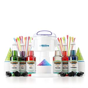 hawaiian shaved ice s700 snow cone machine kit with 6 - 16oz. syrups: cherry, grape, blue raspberry, tiger’s blood, lemon-lime, pina colada, 25 snow cone cups, 25 spoon straws, and 6 pouring spouts