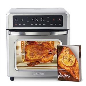 cosori air fryer toaster oven, 13 qt airfryer fits 8" pizza, 11-in-1 functions with rotisserie, dehydrate, dual heating elements with convection fan for fast cooking, cookbook & 6 accessories, silver