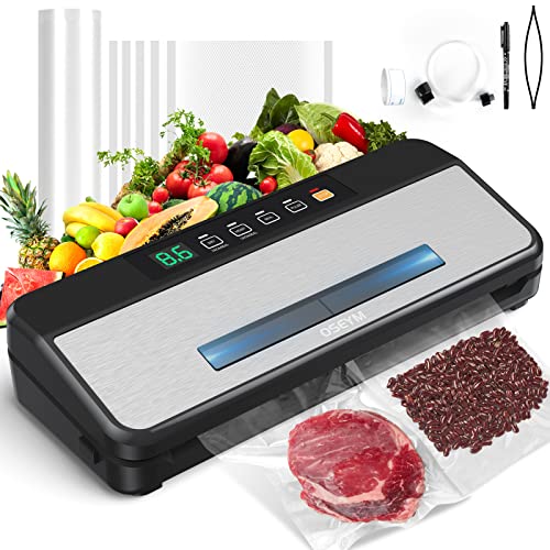 OSEYM Vacuum Sealer Machine, 80Kpa Automatic Food Sealer Machine, Food Sealers Vacuum Packing Machine with Cutter & Bags, Air Sealing System for Dry/Moist Modes, Sealing Time Display, LED Indicator Lights, Visible Sealing Affection