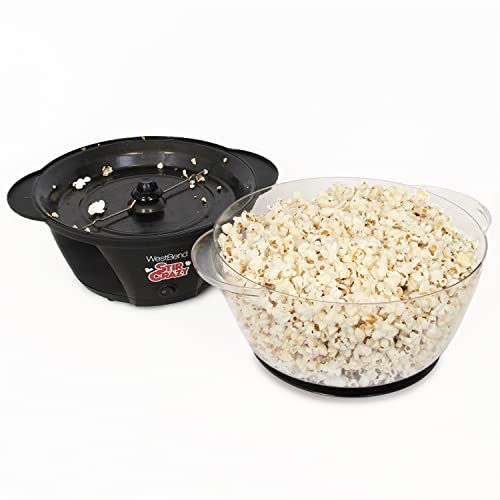 West Bend 82707B Stir Crazy Hot Oil Popcorn Popper, Popcorn Maker Machine with Large Serving Bowl Lid and Stirring Rod, 6 Qt, Black