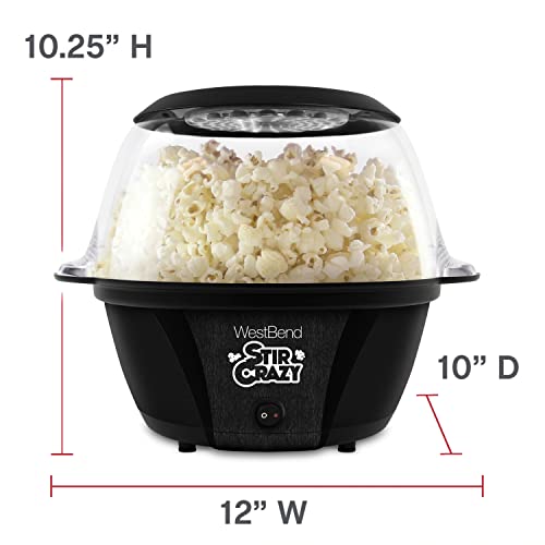 West Bend 82707B Stir Crazy Hot Oil Popcorn Popper, Popcorn Maker Machine with Large Serving Bowl Lid and Stirring Rod, 6 Qt, Black