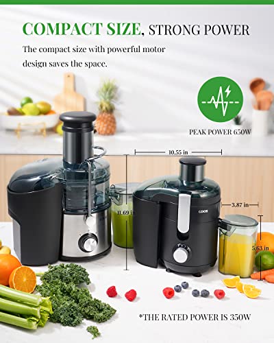 Juicer with Titanium Enhanced Cut Disc, GDOR Dual Speeds Centrifugal Extractor Machines with 2.5" Feed Chute, for Fruits and Veggies, Anti-Drip, Includes Cleaning Brush, BPA-Free, Black