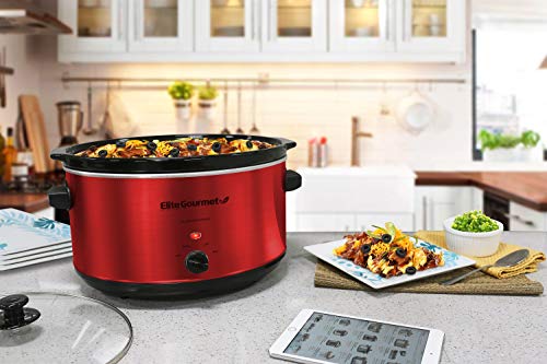 Elite Gourmet MST-900RXT Electric Ceramic XL Jumbo Slow Cooker, Adjustable Temp, Entrees, Sauces, Stews & Dips, Dishwasher Safe Glass Lid & Crock, 8.5 Quart, Metallic Red