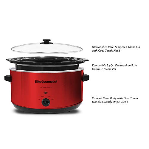 Elite Gourmet MST-900RXT Electric Ceramic XL Jumbo Slow Cooker, Adjustable Temp, Entrees, Sauces, Stews & Dips, Dishwasher Safe Glass Lid & Crock, 8.5 Quart, Metallic Red