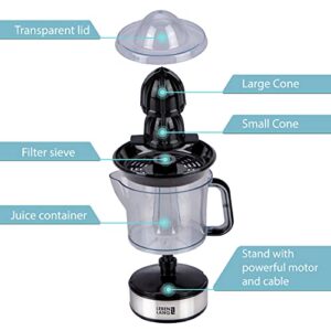 LEBENLANG – Electric juicer max juice yield | Citrus juicer + 2 cones 40W | Lemon, lime, orange, fresh fruit juice squeezer machine | Automatic lever press extractor | exprimidor de naranjas electrico