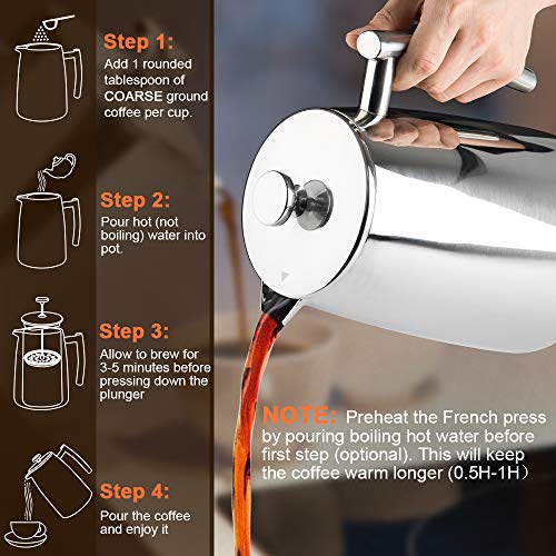 Secura French Press Coffee Maker, 50-Ounce, 18/10 Stainless Steel Insulated Coffee Press with Extra Screen