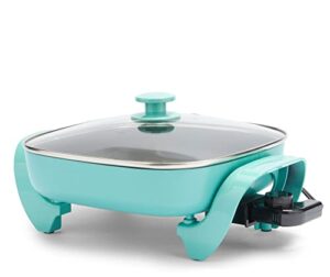 greenlife healthy ceramic nonstick, 12" 5qt square electric skillet with glass lid, dishwasher safe, adjustable temperature control, pfas-free, 8"d x 12"w x 6"h, 120 volts, turquoise