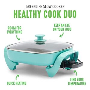 GreenLife Healthy Ceramic Nonstick, 12" 5QT Square Electric Skillet with Glass Lid, Dishwasher Safe, Adjustable Temperature Control, PFAS-Free, 8"D x 12"W x 6"H, 120 Volts, Turquoise