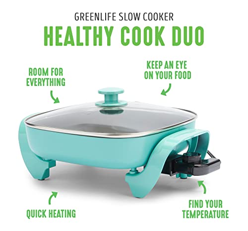 GreenLife Healthy Ceramic Nonstick, 12" 5QT Square Electric Skillet with Glass Lid, Dishwasher Safe, Adjustable Temperature Control, PFAS-Free, 8"D x 12"W x 6"H, 120 Volts, Turquoise